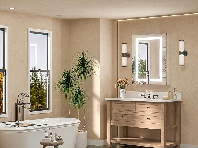 TETOTE 24 x 30 LED Lighted Medicine Cabinet with Lights & Outlets & USB, Recessed or Surface Mount Medicine Cabinet Mirror for Bathroom with Storage, Tempered Glass, 3-Color Dimming, Adjustable Shelf