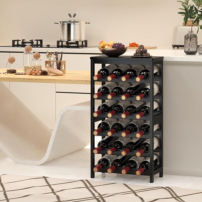 MOGELAFOO 6 Tier Bamboo Wine Rack Freestanding Floor, 24 Bottles Wine Storage Shelves with Table Top, Stackable Wine Display Rack for Kitchen, Bar, Dining Room, Black