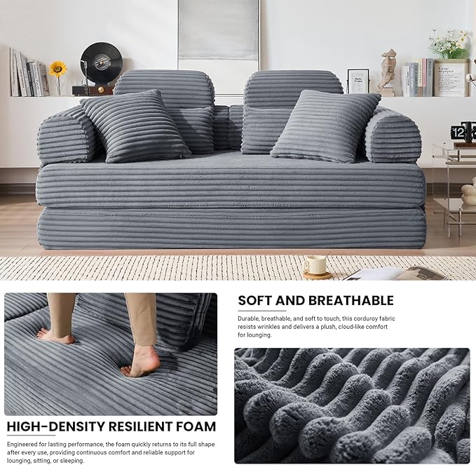 78.8" Convertible Sofa Bed with High Backrest Headrest, 5-in-1 Corduroy Boneless Couch with Side Pocket, Sleeper Loveseat Couch Bed Sectional Couches for Living Room, No Assembly, Gray