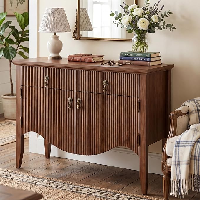FUSUNBAO 40" Retro Buffet Cabinet with Storage, Fluted Sideboard Credenza with Drawer, Accent Bar Cabinet for Living Room Furniture, Coffee Bar or Entryway, Dining Room, Walnut