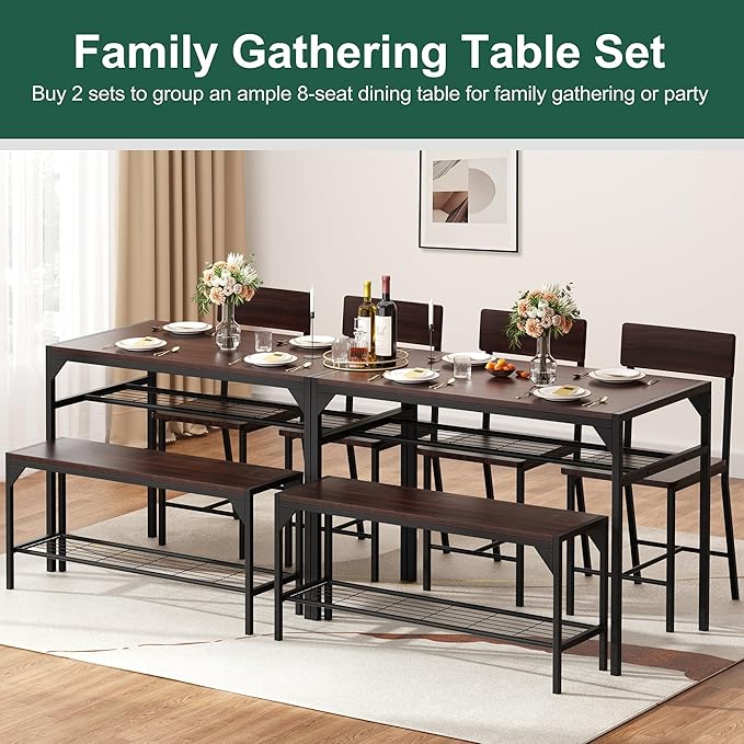 Shintenchi Kitchen Table Chairs Set of 4, Dining Table Set for 4 with Bench and Chairs, 4 Pieces Kitchen Table Set with Storage Rack & Metal Frame for Small Space, Dark Walnut