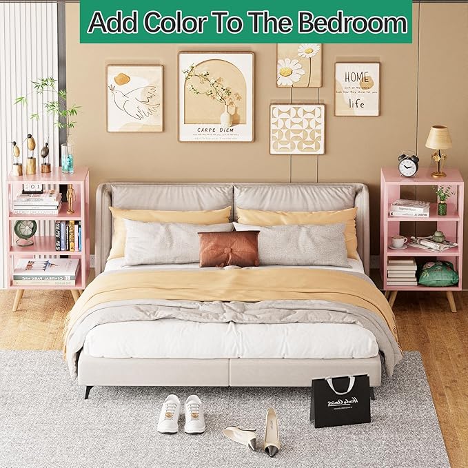 Aenuert Night Stand, Pink Nightstand, Modern End Table with Open Storage, 3-Tier Wooden Bedside Table for Small Space, Living Room, Bedroom