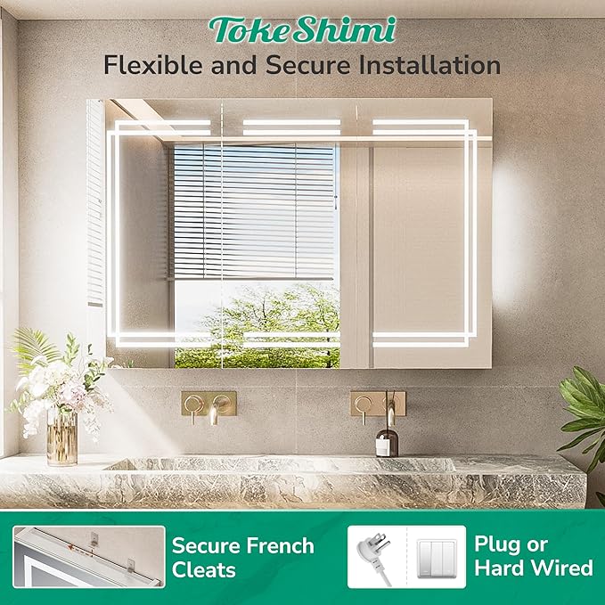 TokeShimi 36x32 Inch Lighted Medicine Cabinet, LED Medicine Cabinet with Lights, Wall-Mounted Bathroom Cabinet Mirror with 3 Color Temperature, Anti-Fog, CRI 80+, Memory Function, Tempered Glass