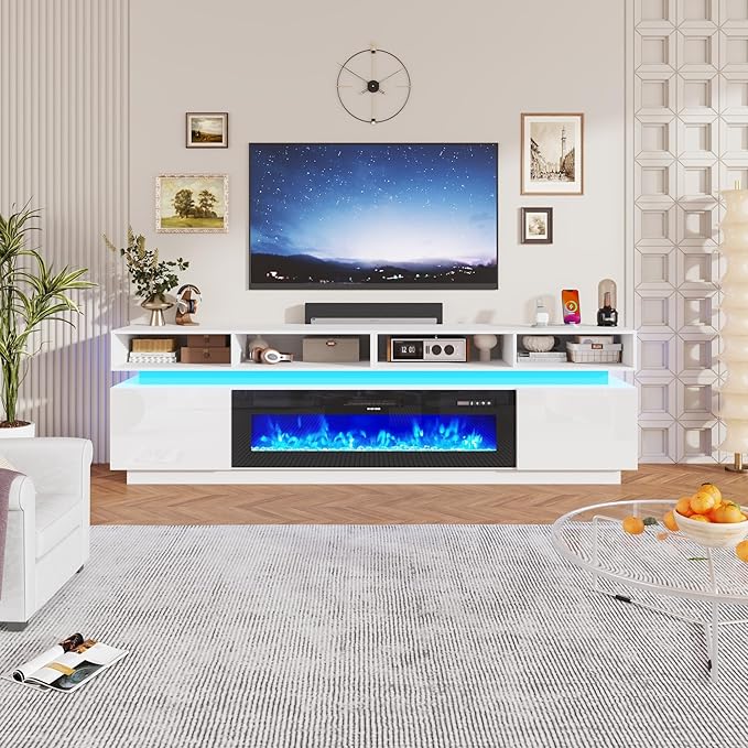 chartustriable Fireplace TV Stand for 100" TV, 93" LED Entertainment Center with 50" Fireplace & Power Outlets, High Gloss TV Stand, Gaming TV Media Console for Living Room, 93 Inch, White