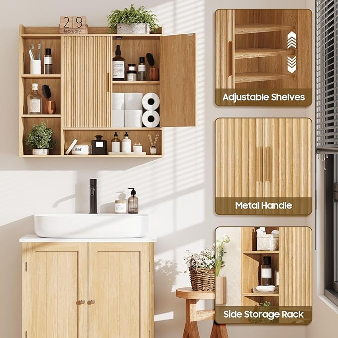 Vabches Fluted Bathroom Wall Cabinet, Wooden Medicine Cabinet Organizer with 2 Doors and Adjustable Shelf, Over The Toilet Storage Cabinet for Laundry Room and Living Room