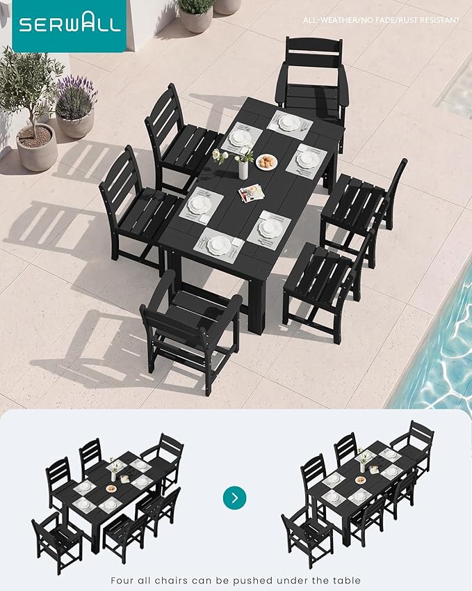 SERWALL Outdoor Dining Table Set, 67‘’ HDPE Patio Dining Set for 6, Wood-Like All-Weather Outdoor Table and Armless Chairs Set for Lawn, Black