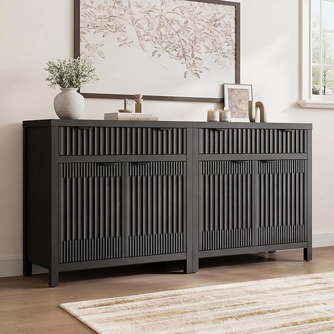Fatmok Fluted Buffet Cabinet with Storage Set of 3, 34" Tall Modern Arched Sideboard Cabinet w/AdjustableShelves,Wooden Modular Coffee Bar for Kitchen, Living Room, Entryway, Black