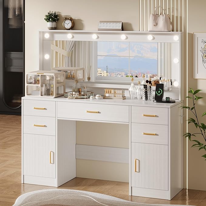TOKSOM Large Vanity Desk with Lighted Mirror & Power Outlet, White Makeup Vanity Desk with Mirror and Lights, White Vanity Table with 5 Drawers and 2 Cabinets, Dressing Table for Bedroom 44.8 inch