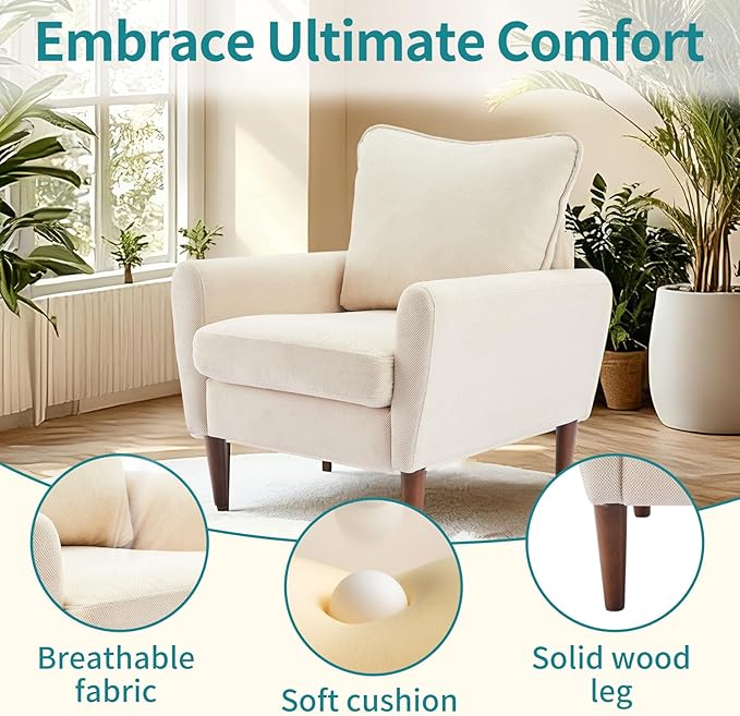 OLIXIS Comfy Accent Chair for Living Room Bedroom and Waiting Room, Upholstered Mid-Century Reading Chair with Pillow and Solid Wood Legs, Wide Singe Modern Lounge Sofa Beige, 2 Pack