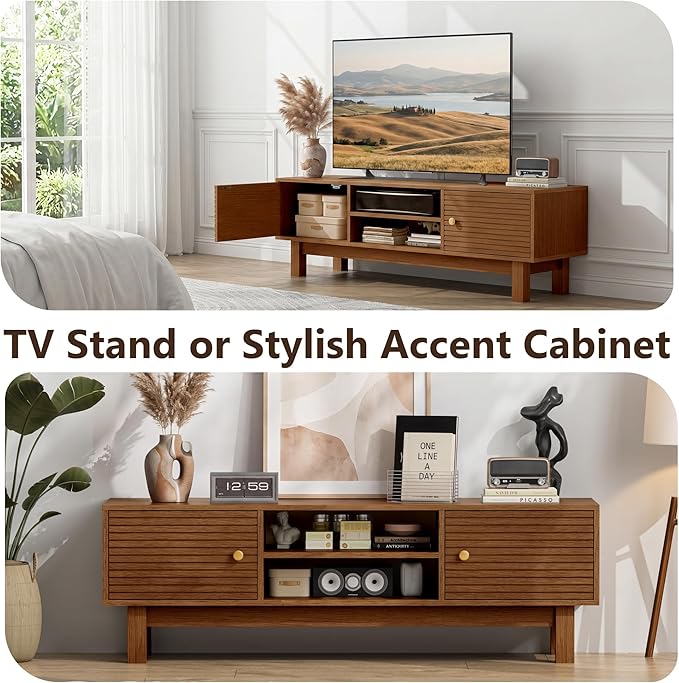 YOSHOOT Mid Century TV Stand for 55 inch TVs, Modern Entertainment Center with Storage Cabinets, Solid Wood Media Console with Open Shelves for Living Room & Bedroom, Walnut