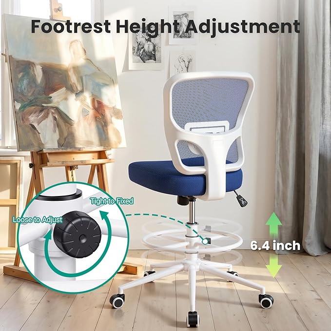 Armless Drafting Chair Tall Office Chair for Standing Desk - Adjustable Height Mesh Ergonomic Stool with Foot Ring, Rolling Counter Height Computer Chair for Small Spaces & Home Office