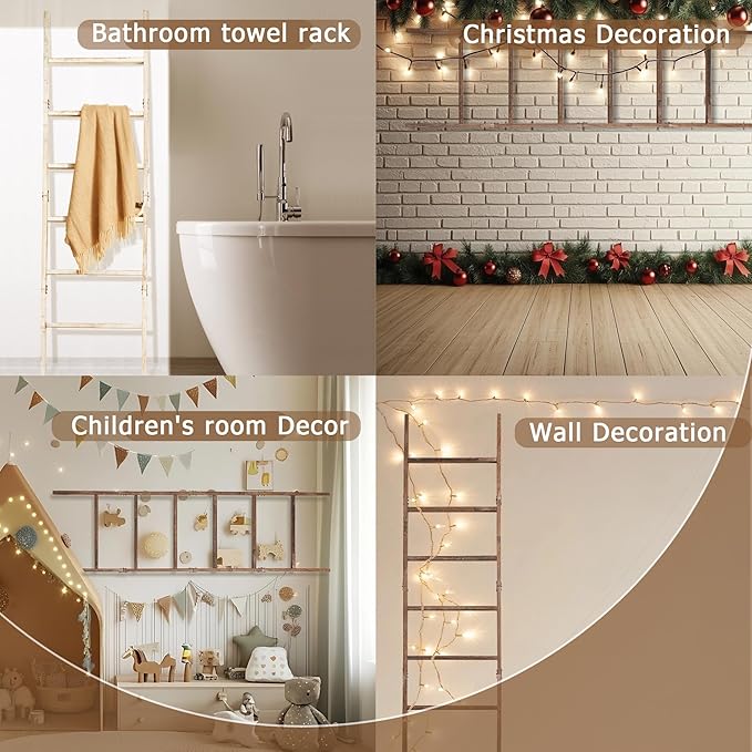 Blanket Ladder for The Living Room 6-Tier, Wooden Decorative Quilt Holder for Bed Room, Wall-Leaning Towel Rack for Bathroom,Rustic Farmhouse Ladders for Display. (White Wash)