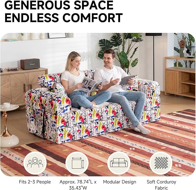 79" Convertible Boneless Couch for Small Spaces, 6-in-1 Corduroy Sofa Bed with High Backrest, Pillows, High-Density Foam Loveseat Sleeper Couch in a Box for Living Room, No Assembly, Graffiti A