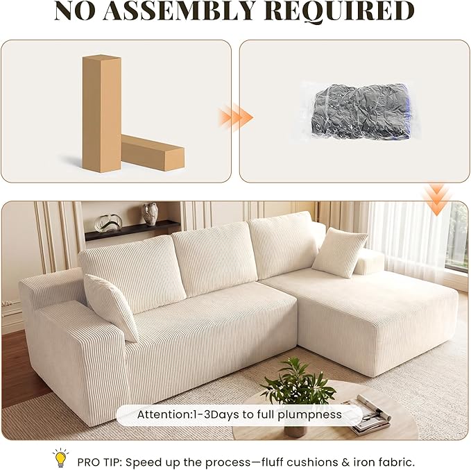 GRUSIGN Cloud Sectional Boneless Couches for Living Room, Modular L Shaped Couch with Deep Seat Oversized Right Facing Chaise, Memory Foam Compressed Spineless 3 Seater Sofa for Apartment, Beige
