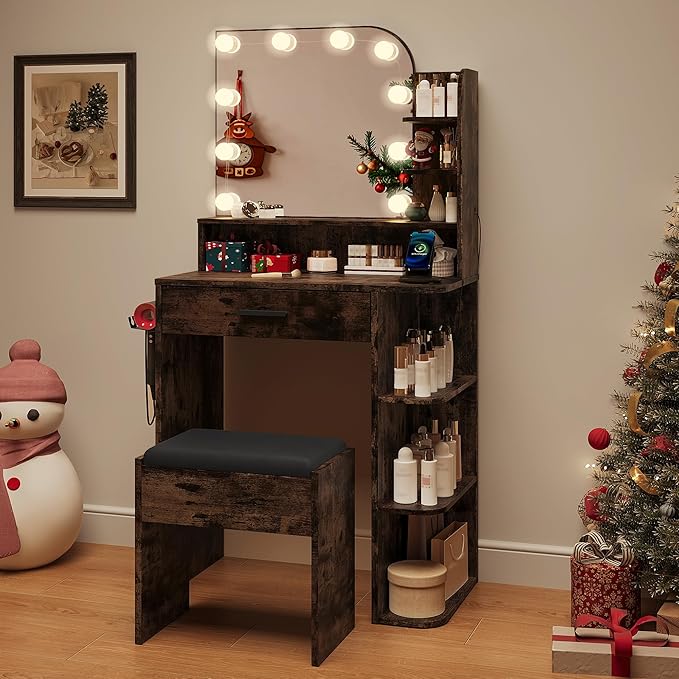 wanan Makeup Vanity with Chair, Small Vanity Desk with Mirror and Lights 3 Colors, Girls Vanity Set with Power Outlet, Compact Vanity Table for Small Space, Vintage Brown