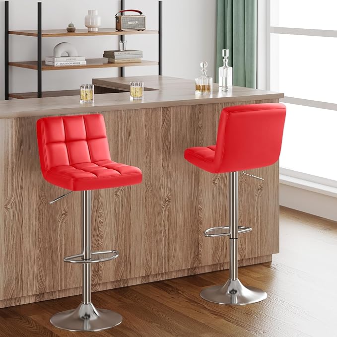 Furmax Bar Stools Modern Pu Leather Swivel Adjustable Hydraulic Bar Stool Square Counter Height Stool Set of 2 (Red)