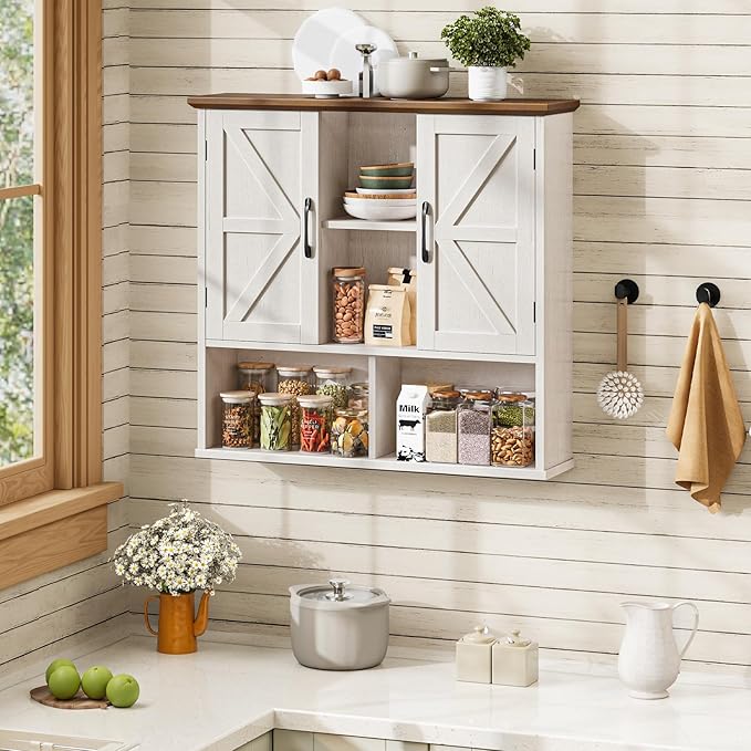 Vabches Bathroom Wall Cabinet, Farmhouse Medicine Cabinet with Double Barn Door and Adjustable Shelves, Wooden Vintage Storage Cabinet Wall Mounted for Bathroom, Kitchen Dining, Rustic White