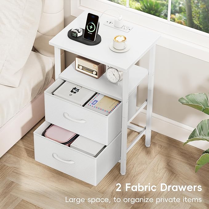 Vagusicc White Night Stand with Charger Station, LED Nightstand with 2 Fabric Drawers, Bedside Table with USB Ports and Outlets, Bed Side Tables with Storage Shelf, 24.2" Tall Nightstand for Bedroom
