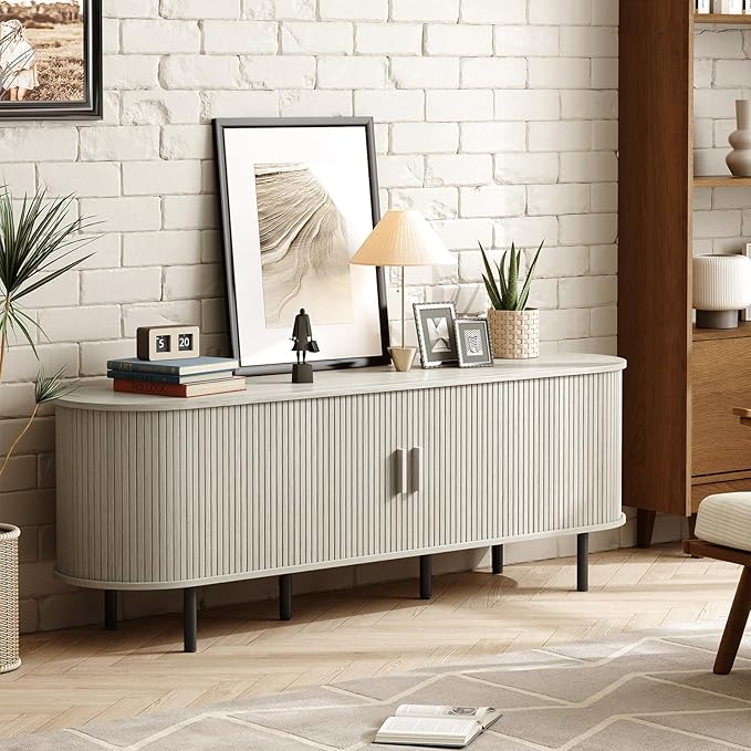 ONBRILL 70.8" TV Stand with Power Outlet for TVs up to 75 Inch, Entertainment Center with Storage and Adjustable Shelves, Modern Media Console with Sliding Doors for Living Room, Natural White