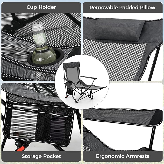 Goplus Camping Lounge Chair w/Detachable Footrest, Folding Beach Chair w/4-position Backrest, Carrying Bag, Removable Pillow, Cup Holder, Storage Pouch, Reclining Chair, 330LBS Capacity (Grey,2)