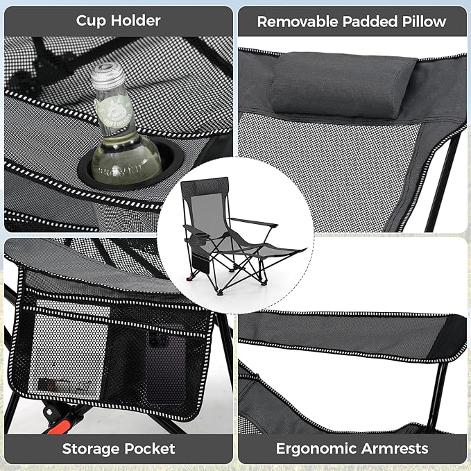 Goplus Camping Lounge Chair w/Detachable Footrest, Folding Beach Chair w/4-position Backrest, Carrying Bag, Removable Pillow, Cup Holder, Storage Pouch, Reclining Chair, 330LBS Capacity (Grey,1)