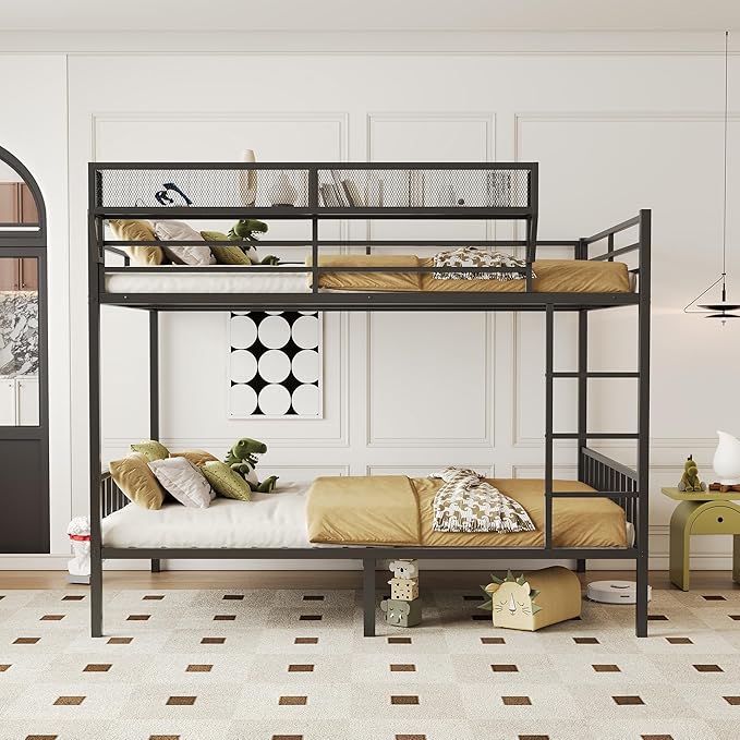 Queen Over Queen Metal Bunk Bed with Storage Shelf Built-in USB Port, Heavy Duty Queen Size Bed Frame w/Full-Length Guardrail & Ladder, Noise-Free & Stable,No Box Spring Needed
