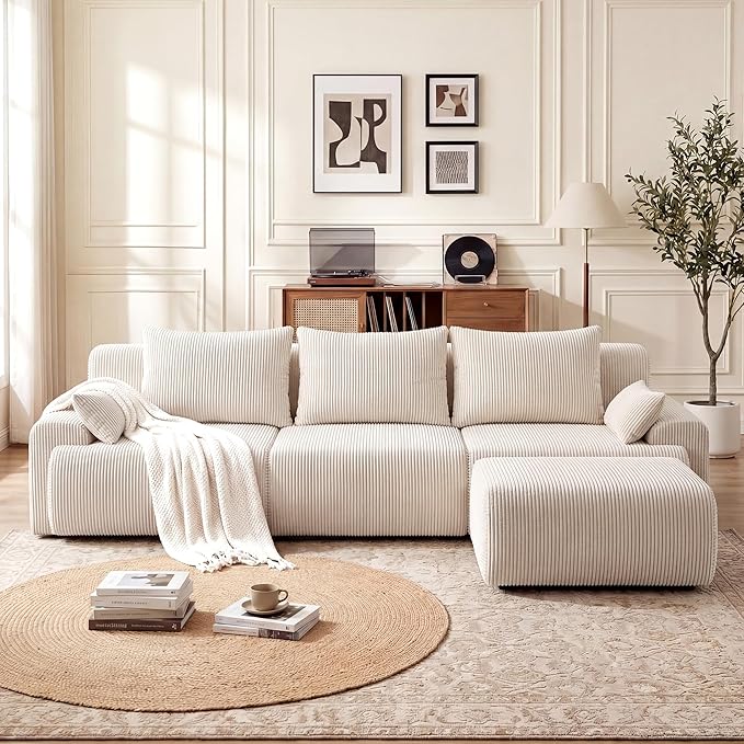 GRUSIGN 118'' Sectional Boneless Oversize Modular Couches, Curved Cloud Sectional Couches for Living Room,Rounded Corner Design L Shape Deep Seat Family Sofa with Ottoman & 3 Throw Pillows, Beige