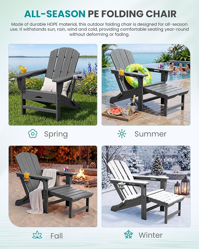SERWALL Folding Adjustable Adirondack Chair with Footrest, HDPE Outdoor Chair with Dual Cup Holders, All Weather Adirondack Chair with Ottoman, Gray