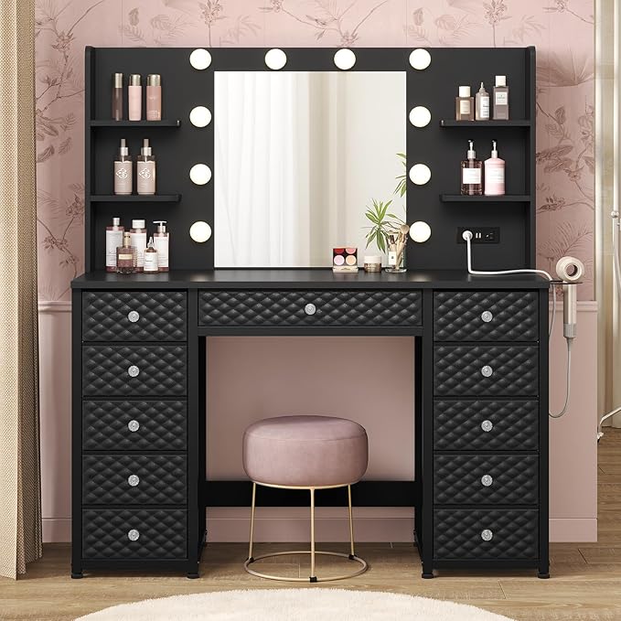 HAUOMS Vanity with Lights and Mirror, 11 Drawer Makeup Vanity with Power Strip, 6 Open Shelves, 43.3” Vanity Desk with Storage, Dressing Table with 3 Color Modes for Bedroom, Women, Girls, Black