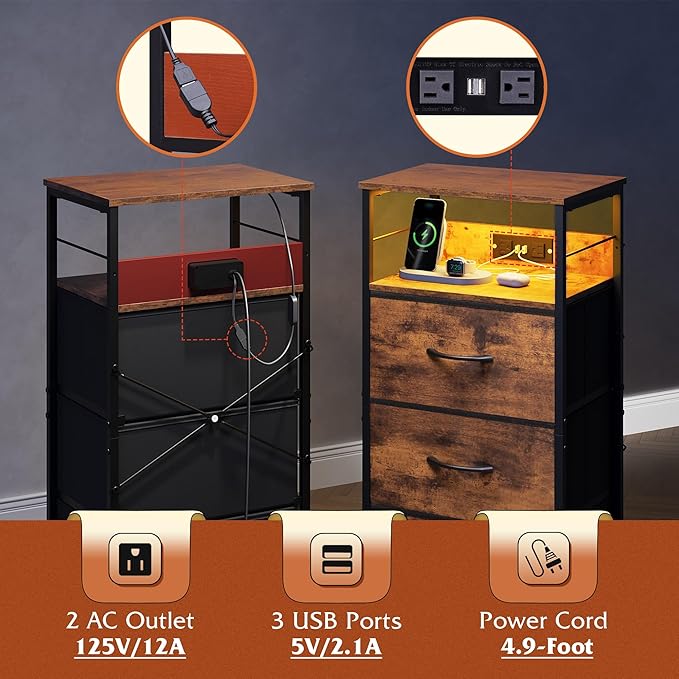 WLIVE Nightstand with Charging Station, 31.9" H Nightstand with 3 Fabric Drawers, LED Bedside Table with USB Ports and Outlets, End Table for Dorm, Bedroom, Entryway, Rustic Brown