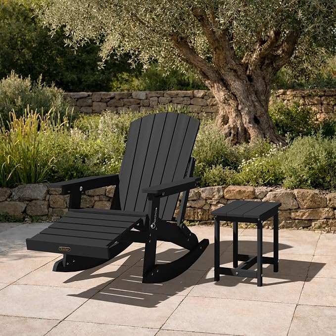 Adjustable Adirondack Rocking Chair with Retractable Ottoman Footrest, 4-in-1 Foldable HDPE Outdoor Rocker, Weather Resistant Adirondack Chair for Porch, Garden & Poolside, Black