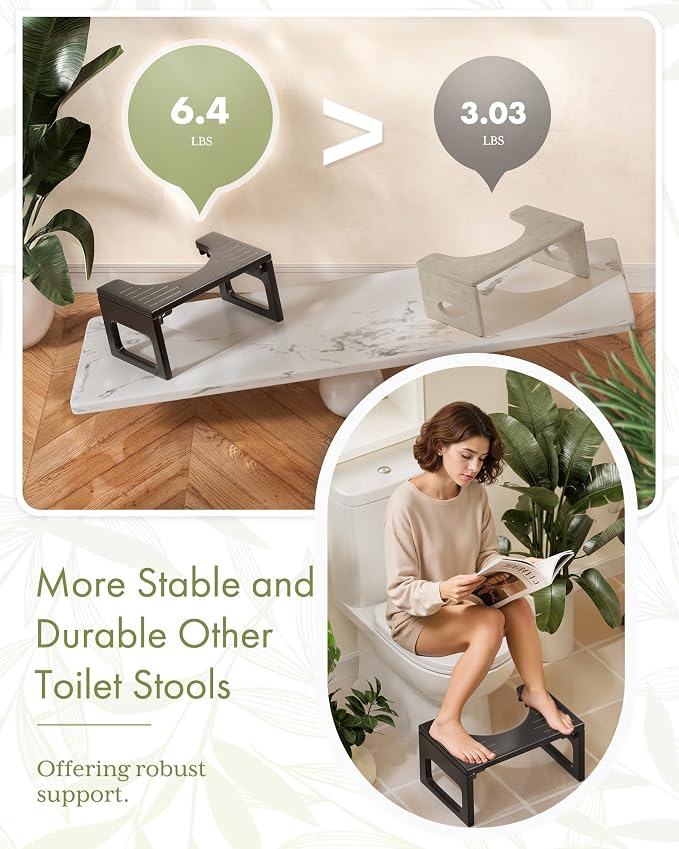 AmazerBath 8.5 Inches Bamboo Toilet Stool Squat for Adults, Collapsible Poop Stool for Bathroom, 0.79" Thickness Squatting Potty with Non-Slip Strip, No Assembly Required, Black