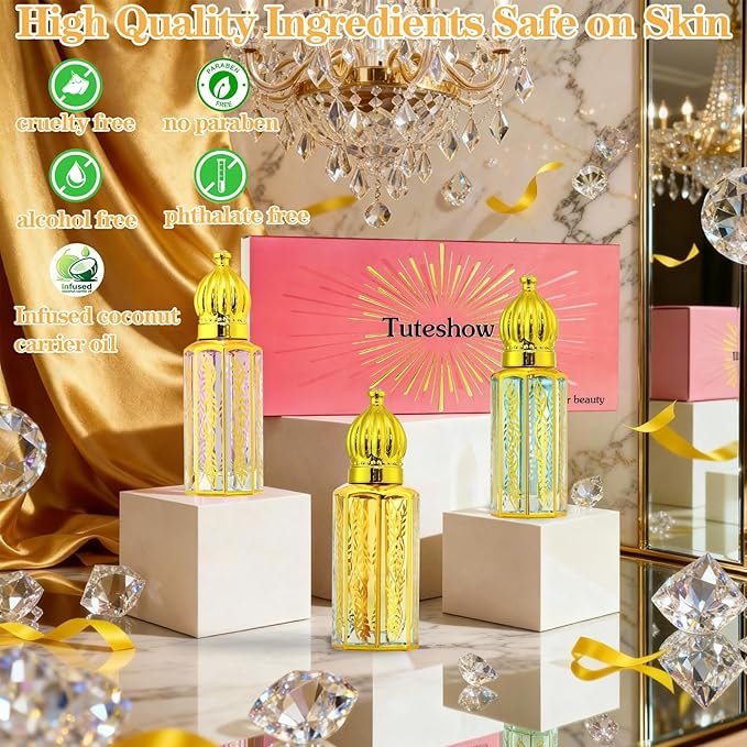 3 Pack Arabian Perfume for Women, Arabic Perfume Oil Roll On, Rose, Jasmine, Musk, Sandalwood, Eau de Parfum and Eau de Toilette, 0.4 fl. oz
