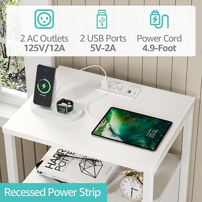 BOLUO Tall Night Stand with Drawers, White Nightstand with Charging Station and LED Light, Small White 4 Drawer Dresser for Bedroom, Room Storage Closet