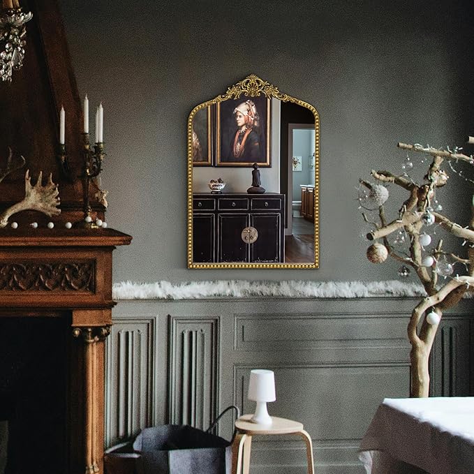 Gold Baroque Mirror Antique 19x28 Inches - Vintage Arched Mirror with Ornate Gold Frame for Entryway, Narrow Hallway & Bathroom Wall Decor