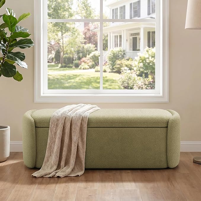 VKNOW 51" Storage Ottoman Bench, Upholstered End of Bed Bench with Smooth Hinges, Oval Large Ottoman Bench for Bedroom, Living Room and Hallway Entryway, Light Green