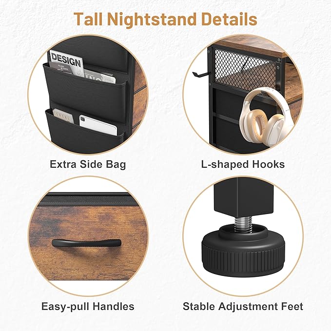 EnHomee Night Stand with 5 Drawers, Dresser with Charging Station and LED Light, Tall Nightstand with Extra Side Bag & Hooks, Bedroom, Closet, Hallway, Entryway, Rustic Brown