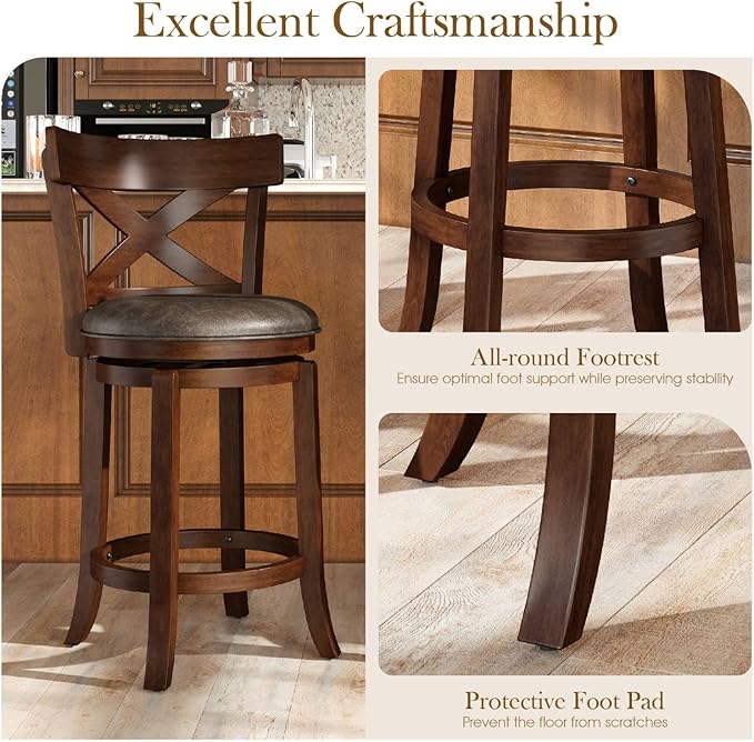 Sophia & William Swivel Bar Stools Set of 2, 26 Inch Counter Height Barstools with Cross Back & Solid Wood Legs,Modern Faux Leather Bar Chairs for Kitchen Island