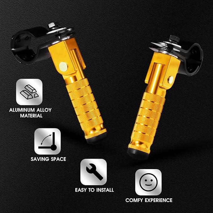 90 Degree Foldable Footpegs M8 Motorcycle Foot Pegs CNC Anti-Skid Footrest Passenger Pedal for Motorbike Mini Bike Dirt Pit Bike (Gold)