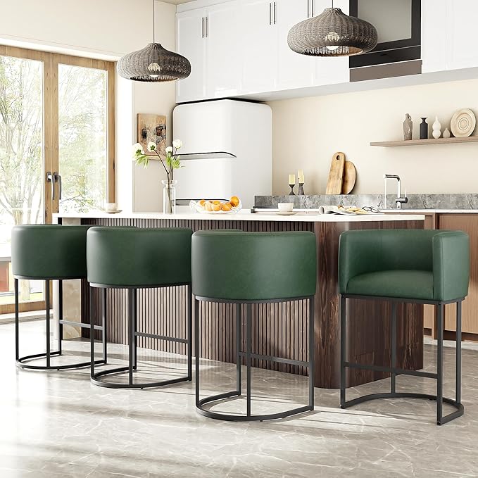 26" H Counter Height Bar Stools Set of 1, Modern Barrel Counter Stools with Backrest and Arms, Faux Leather Upholstered Accent Barstools for Kitchen Island,Support 450 LBS (Green)