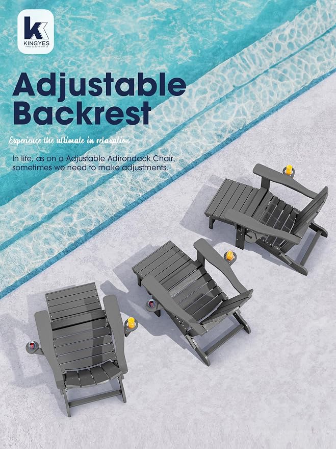KINGYES Folding Adjustable Adirondack Chair with Retractable Ottoman Set of 2, HDPE All Weather Chair with Cup Holder, Wood-Like Recliner Adirondack Outdoor Chair - Versatile Adirondack Chair, Grey