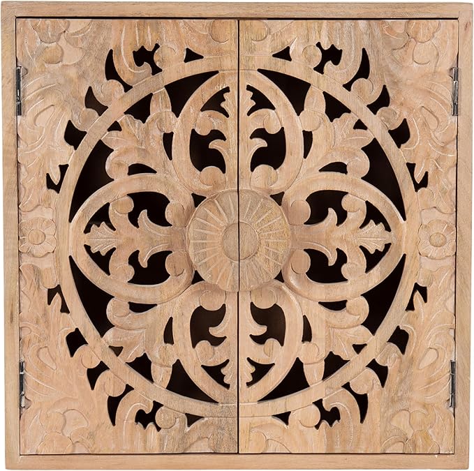 Kate and Laurel Saanvi Traditional Carved Wood Wall Cabinet; 20 x 6 x 20; Light Natural; Dimensional Over the Toilet Storage Cabinet for Bathroom Storage and Display