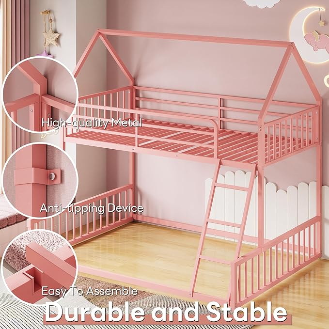 LIKIMIO Bunk Bed Twin Over Full Size, House Bunk Bed Frame with Ladder and Guardrail, House Shaped with Metal Slats Support No Box Spring Needed Space Saving for Bedroom and Dorm, Pink