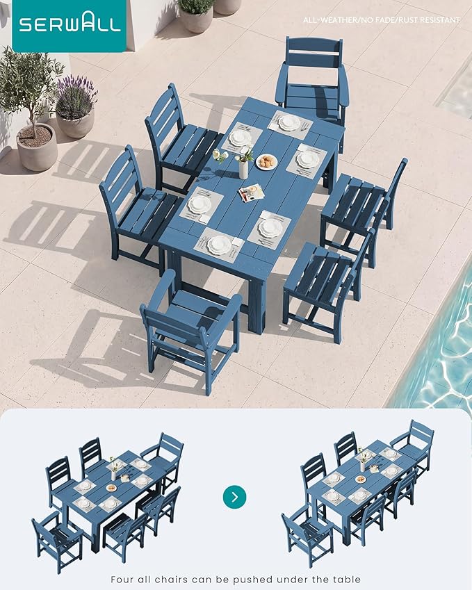 SERWALL Outdoor Dining Table Set, 67‘’ HDPE Patio Dining Set for 4, All-Weather Outdoor Table and Armless Chairs Set for Deck, Blue