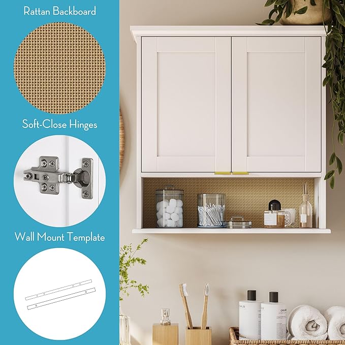 RiverRidge Shorewood Two-Door Bathroom Storage Over the Toilet Wall Medicine Cabinet with Woven Rattan Backboard, Adjustable Shelving, Soft-Close Hinges, Wall-Mounted - White