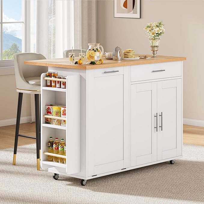 OtterOasis Rolling Kitchen Island with Hidden Trash Can Storage, Kitchen Island on Wheels with Storage, 3-Tier Spice Rack, Towel Rack&Drawer, Mobile Portable Island for Kitchen, White