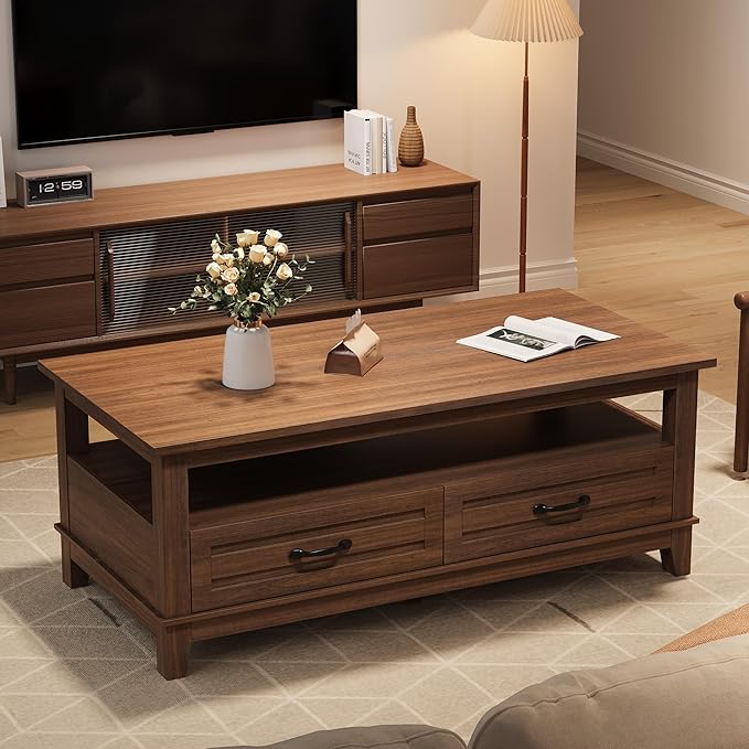 IDEALHOUSE Brown Coffee Table with Drawers, 47.2” Rustic Center Table with Open Shelf and 6 Support Legs, Large Living Room Table with Storage