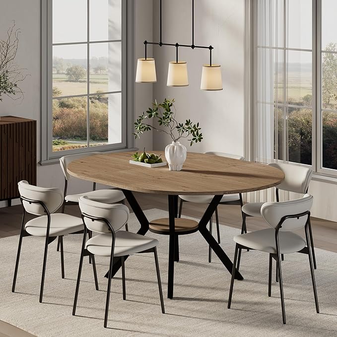 42"-58" Extendable Round Dining Table for 4-6, Kitchen Oval Table with Built-in Flip Leaf & Storage Shelf, Space Saving Modern Design with Sturdy Metal Legs for Kitchen, Living Room & Small Apartments