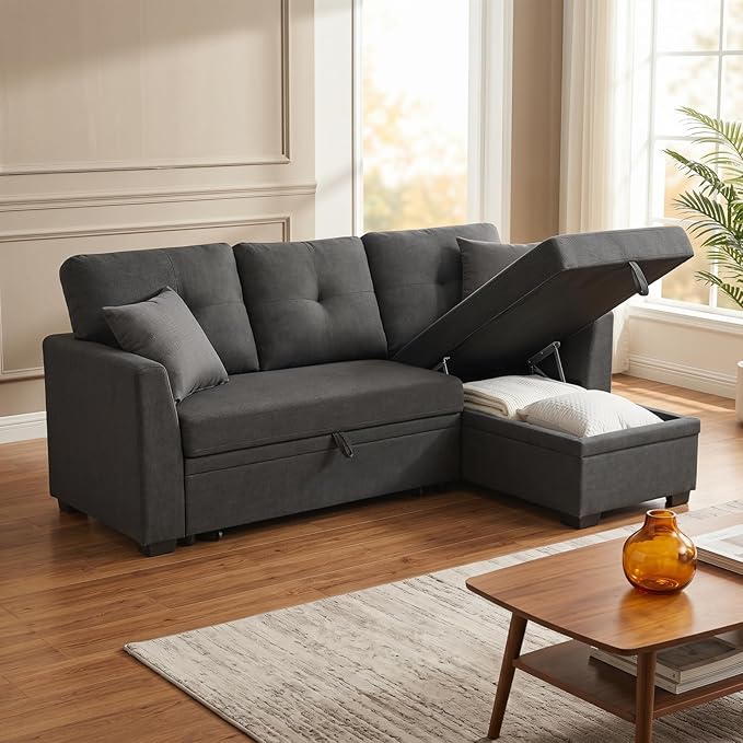 Convertible Sofa Bed, L Shape Sleeper Sofa with Reversible Storage Chaise, Tufted Fabric Sectional Sleeper Sofa with Pull Out Bed for Small Space, Living Room, Apartment, Charcoal Black