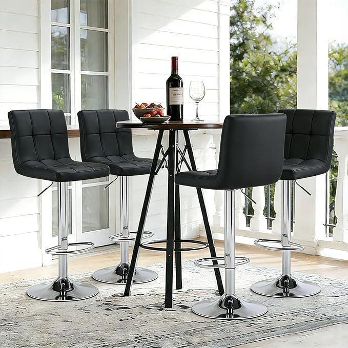 DUMOS Bar Stools Set of 4, 24 inch Counter Height Bar Stools, Upholstered Modern Kitchen Barstools with Metal Base, PU Leather Saddle Stools for Kitchen Island, Inky Black